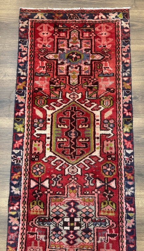 Heriz Karajeh Runner Rug 2x9 Geometric Medallions Red Navy Blue gallery