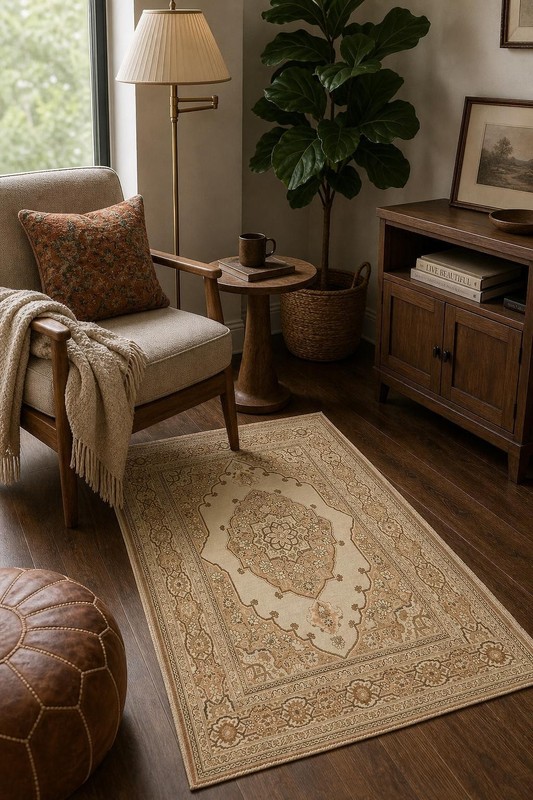 Pre-1900 4x6 Antique Beige Traditional Rug in Geometric Gold & Ivory Design gallery
