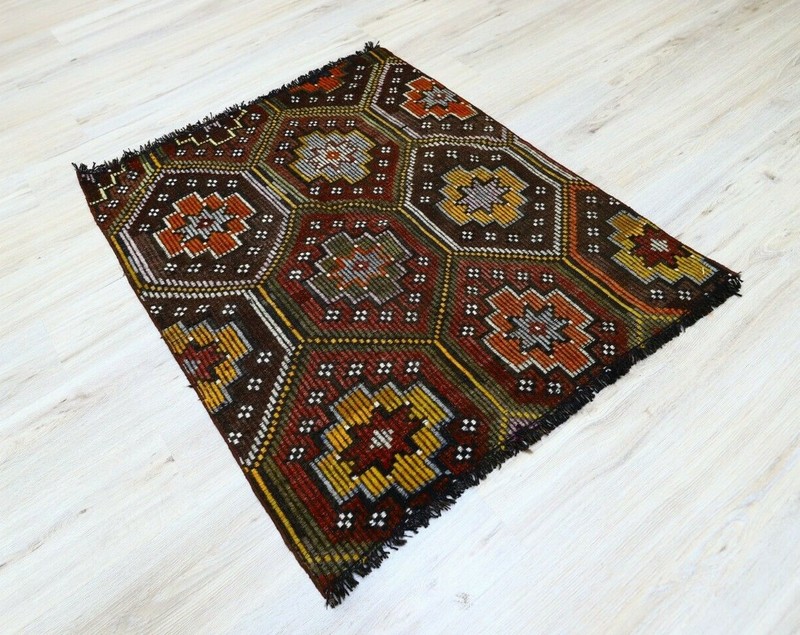 Cappadocia Ethnic Burgundy Carpet Traditional Handmade Vintage Kilim Rug 3.6x4ft gallery