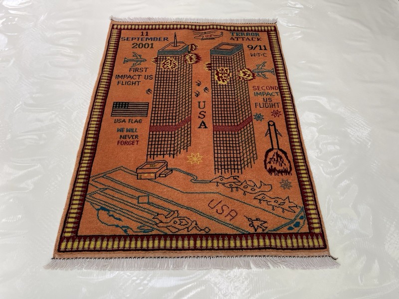 #599 Handmade rug 9/11 twin towers War Rug Afghan War Rug Handicrafts 128x95 Cm gallery
