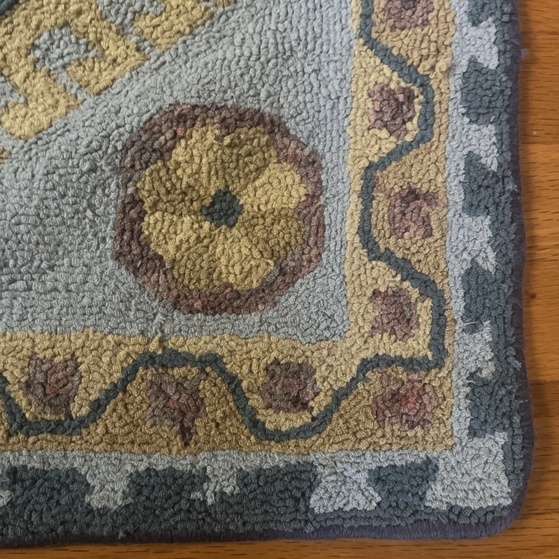 Vintage Signed FOLK ART Hooked Rug 26 x22 Geometric Flynn Flood Blue Carpet Mat gallery