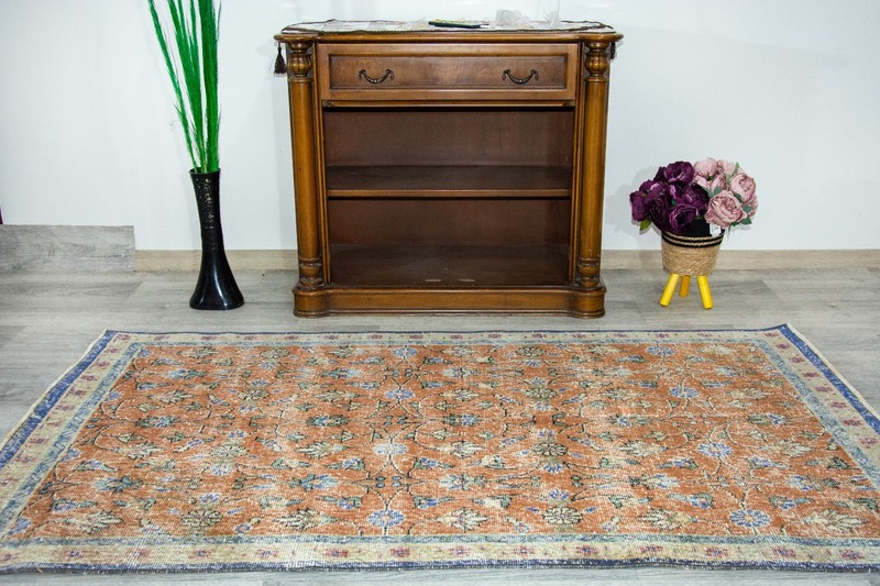 Minimalist Vintage Turkish Rug 3.6x6.3 ftRed Oriental Distressed Floral Wool Rug gallery