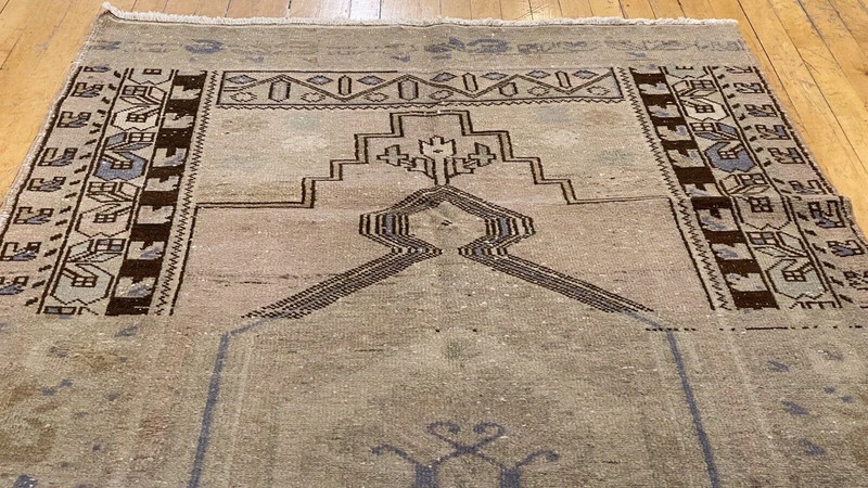 Bohemian Antique Cr1900-1939's Muted Dye Velvety Wool Pile Oushak Rug 8’4”x3’11” gallery