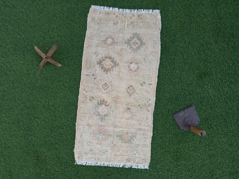 Hand-Knotted Distressed Small Vintage Rug 2x3 Beige Geometric House Decor Carpet gallery