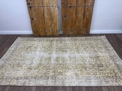 5×9 Beige Gray Vintage Distressed Turkish Area Rug, Hand-Knotted Wool Rug