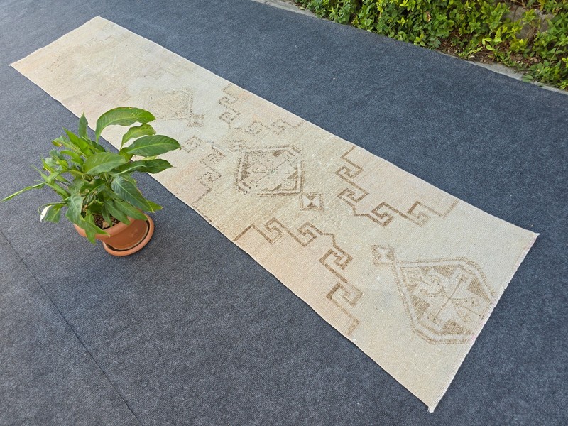 2' x 9' Vintage Neutral Runner Rug, Turkish Oushak Wool Beige Hallway Runner gallery