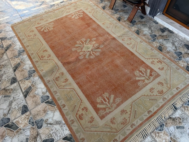 1990s Vintage Turkish Oushak Rug, Tribal Handmade Geometric Area Carpet 5x8 ft gallery