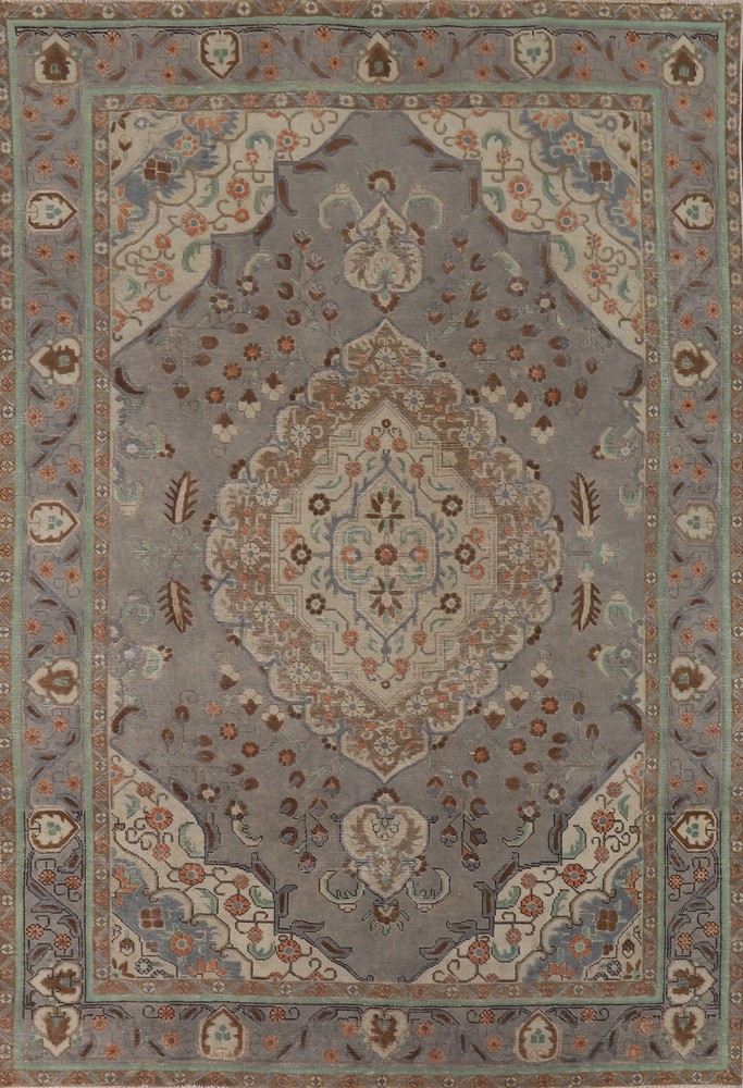 Distressed Over-Dyed Gray Area Rug 7x9 Ft Handmade Oriental Medallion Carpet