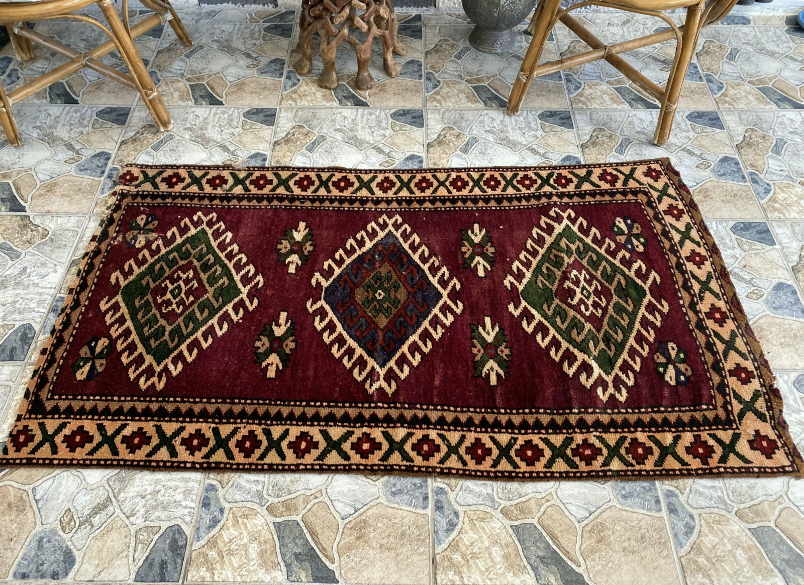Vintage Kurdish Area Rug | 2.9x5.1 ft Hand-Knotted Wool Distressed Tribal Carpet gallery