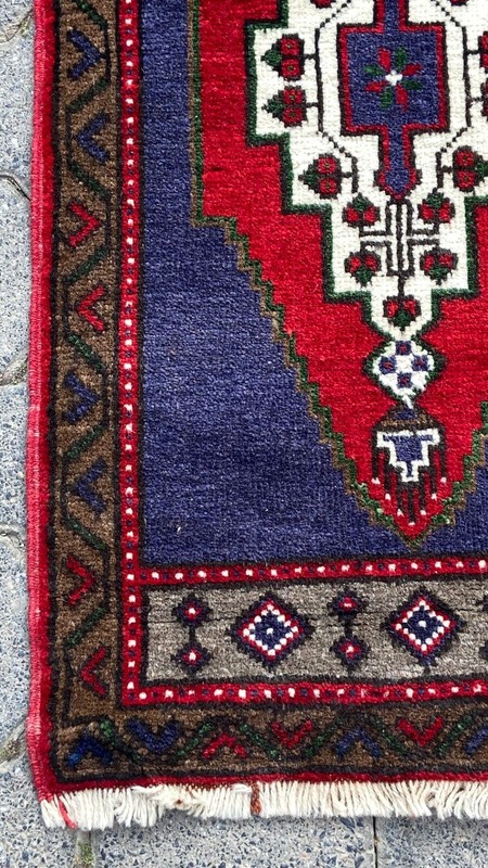 Vintage Turkish Small Rug, 1.8x3.4 ft Red and Blue Carpet, Handmade Kitchen Rug gallery