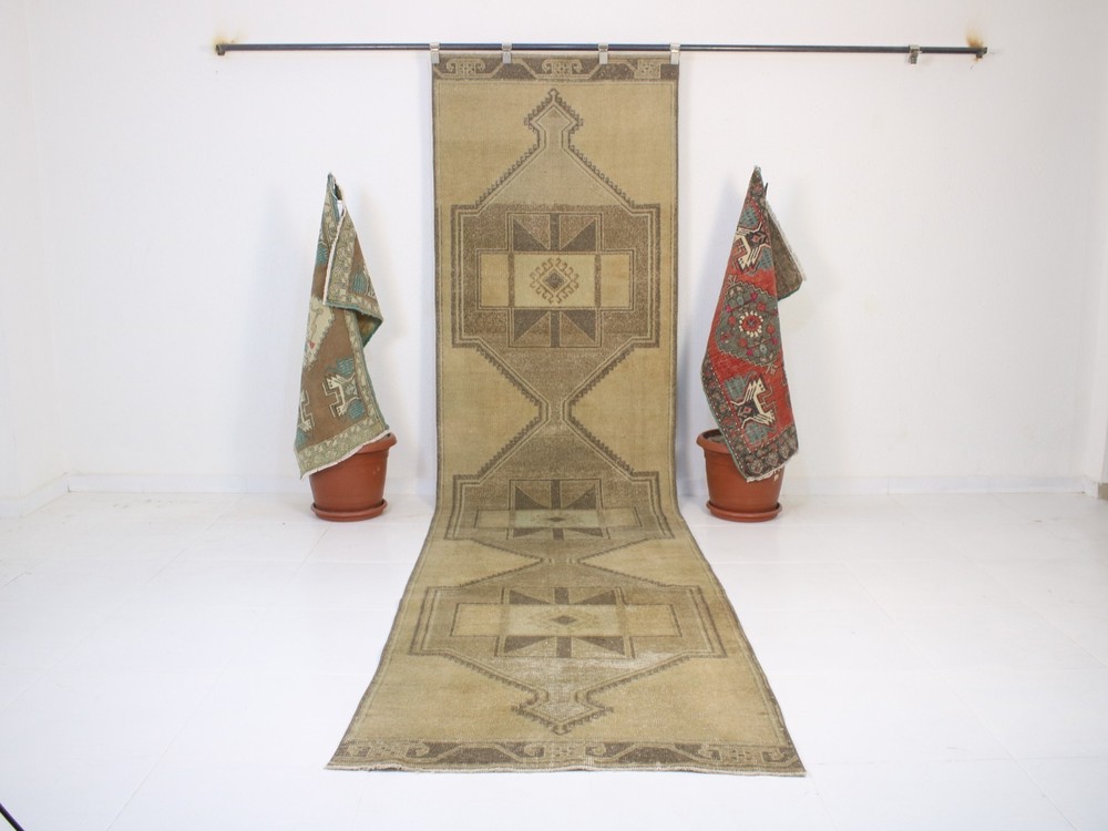 3x13 Beige Runner Rug, Handmade Turkish Rug, Vintage Geometric Rug, 3.1x12.5 Ft