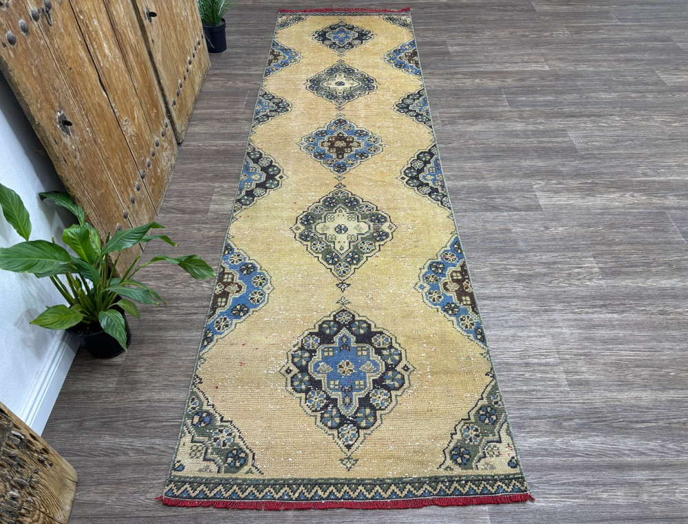 3x10 Hand-Knotted Beige Blue Green Vintage Turkish Oushak Hallway Runner Rug