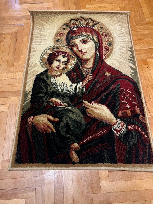 Vintage Woven Religious Tapestry Rug Mother of God with Infant Christ Thick Wall gallery