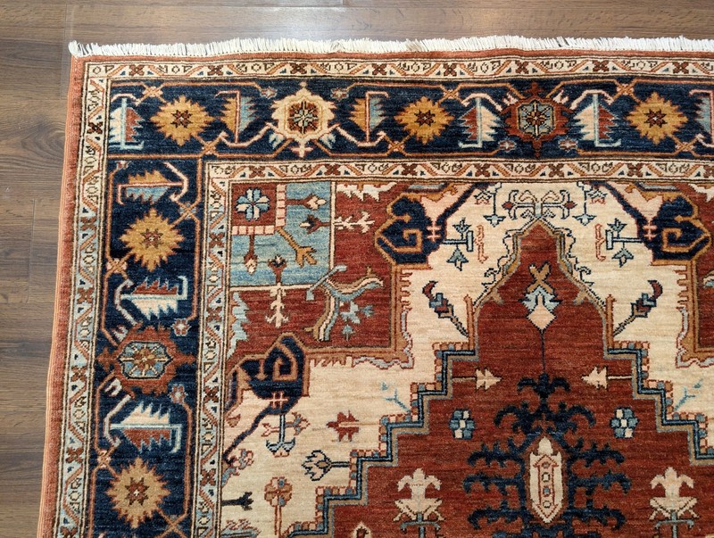 Turkish Heriz Serapi Rug 6x9, Geometric Medallion, Terracotta and Navy Blue gallery