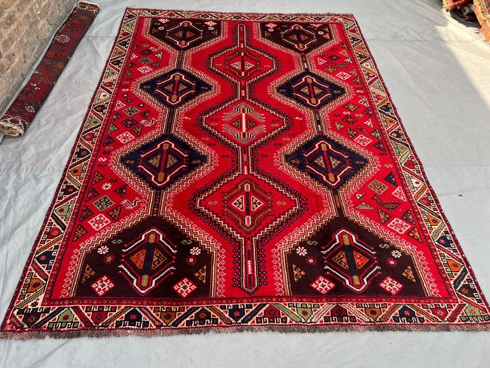 6'10x9'3 ft Vintage Afghan Red Geometric Medallion Design Handnooted Wool Rug