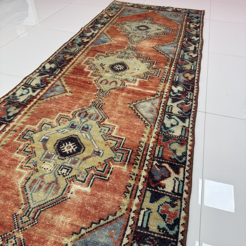 3x10 Blue And Terracotta Handwoven Antique Oriental Runner Rug- Tariff Free gallery