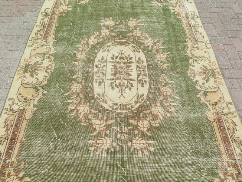Olive Green Large Vintage Distressed Carpet, Turkish Handwoven Rug 66"x110" gallery