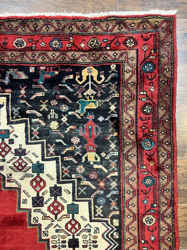 Vintage Rug 5x12 Tribal Carpet Red Cream Navy Pictorials Handmade Wide Runner gallery