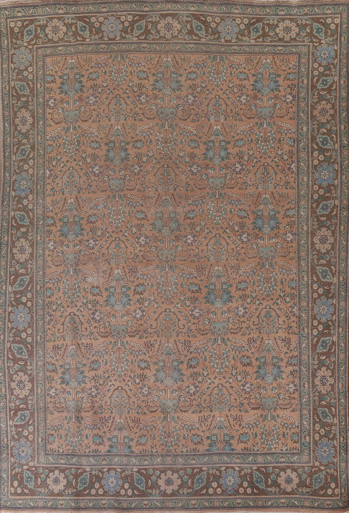 Vintage Muted Rust Floral Wool Tebriz Area Rug 10x13 Hand-made Room Size Carpet