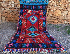 Moroccan Boucherouite Vintage Berber Rug, Unique Red blue Home Rug 3’4×7’9 ft