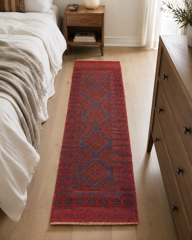 Vintage Afghan Baluchi Wool Runner Rug Handwoven Medallion Tribal Red Blue 2x8ft gallery