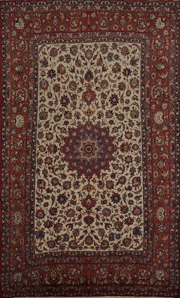 Traditional Vintage Area Rug 9x13 Hand-knotted Ivory Medallion Pattern Carpet