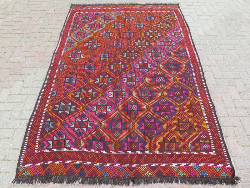 Turkish Kilim Boho Rugs, Handmade Floor Carpet, Multicolor Large Kelim 71"X104" gallery
