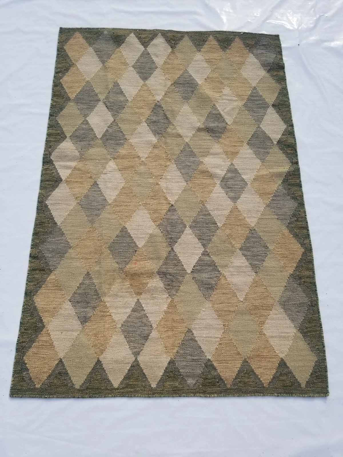 Vintage Handmade Traditional Geometric Beige Green Kilim Rug Carpet 232x151cm gallery