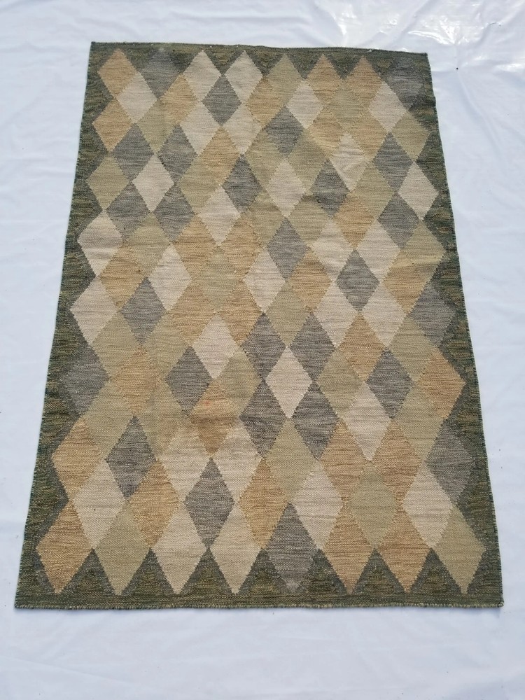 Vintage Handmade Traditional Geometric Beige Green Kilim Rug Carpet 232x151cm