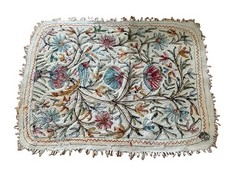 Antique Kashmiri Namada Rug Handcrafted Wool Aari Embroidery Bird Floral Motif