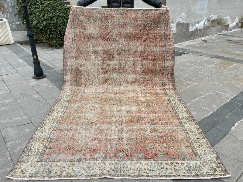 Vintage Turkish Oushak Rug 5.8x9.3 ft Distressed Beige Terracotta Wool gallery