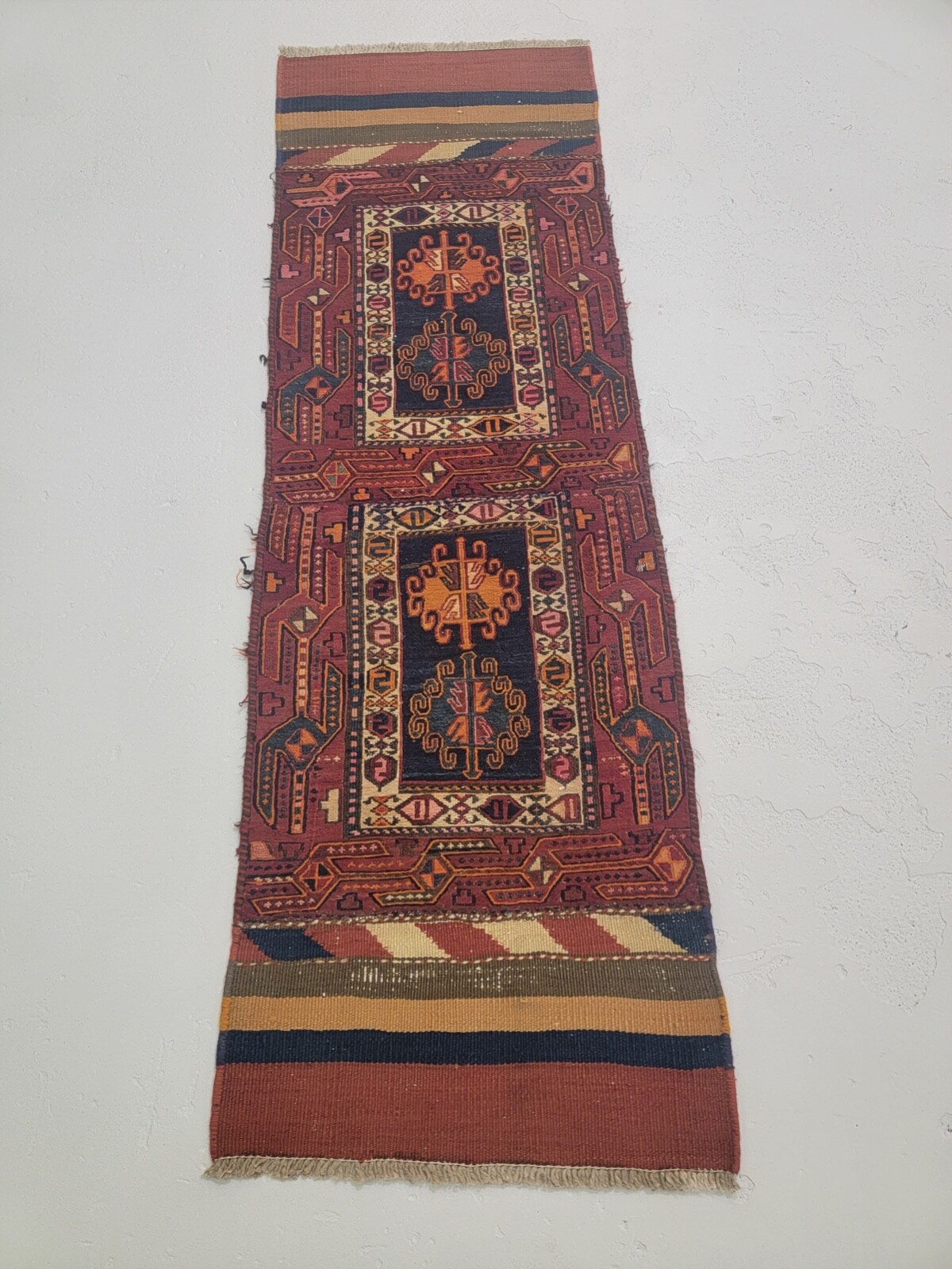 Antique Oriental Hand-Knotted Wool Area Rug Red/Blue/Beige/Green 1'6" x 4'8" gallery