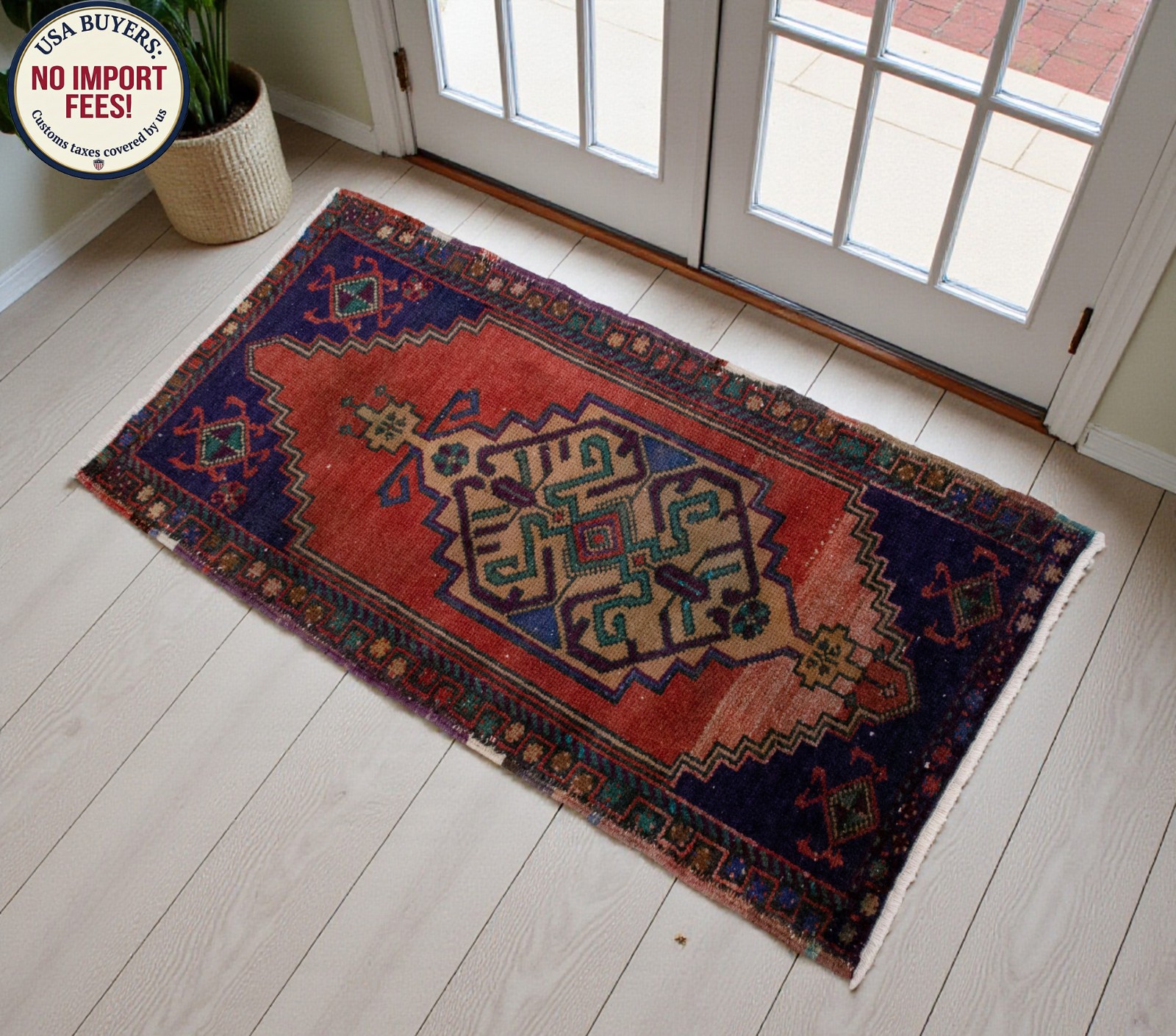 Vintage Turkish Rug Handmade Small Rug, Wool Doormat, Kitchen Rug, 21x42 inches gallery