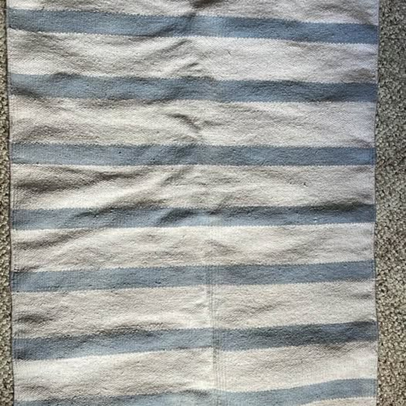 Blue and White Striped Woven Rug Vintage Cottage Core gallery
