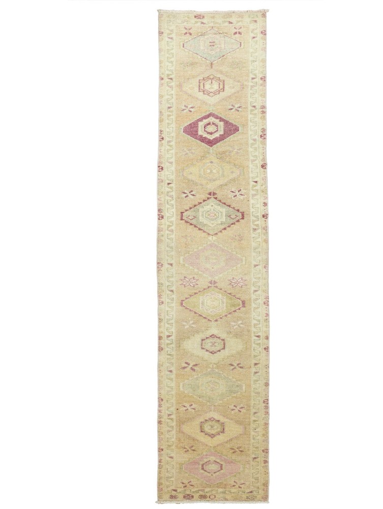 Turkish Oushak Mocha Pink Blue Wool Runner 2.3x12.4 ft Hand Woven Vintage Carpet