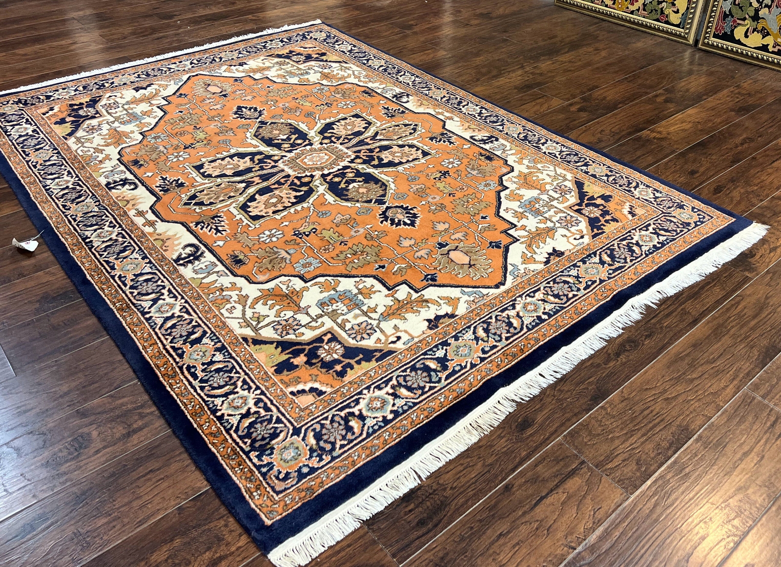 Indo Heriz Rug 6x8 Wool Handmade Vintage Carpet Orange-Red Ivory Navy Medallion gallery