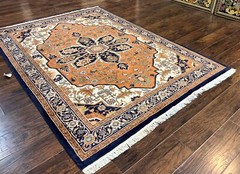 Indo Heriz Rug 6×8 Wool Handmade Vintage Carpet Orange-Red Ivory Navy Medallion