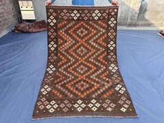 Vintage Terracotta Faded Tribal Wool Rug, Handmade Geometric Flat Weave Carpet