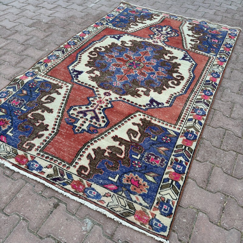 4x7 Terracotta Blue Wool Vintage Turkish Geometric Floral Handmade - Tariff Free gallery