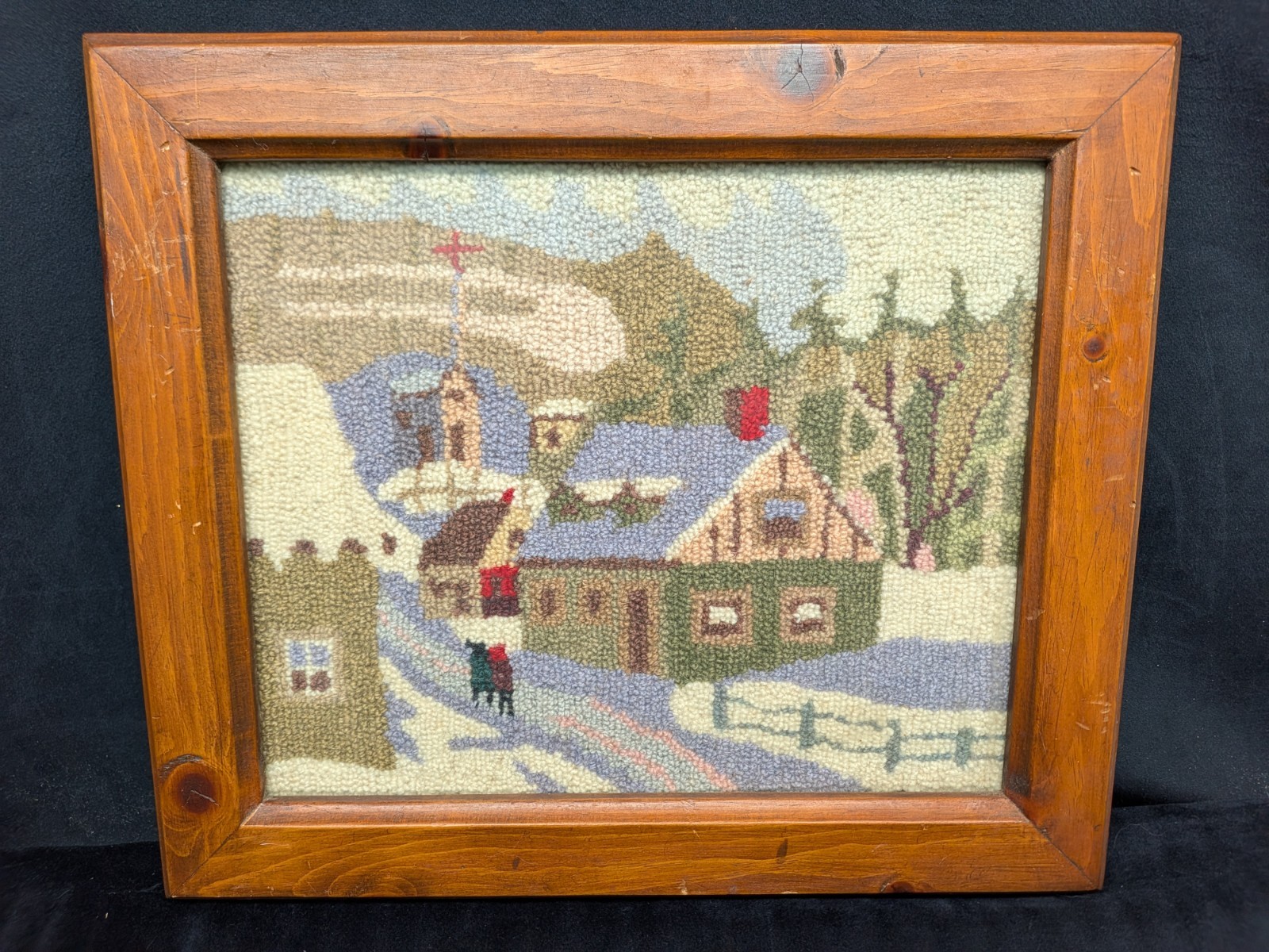 Vtg Winter Houses in Snow Hooked Rug American Folk Wall Framed Art Primitive gallery