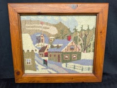 Vtg Winter Houses in Snow Hooked Rug American Folk Wall Framed Art Primitive