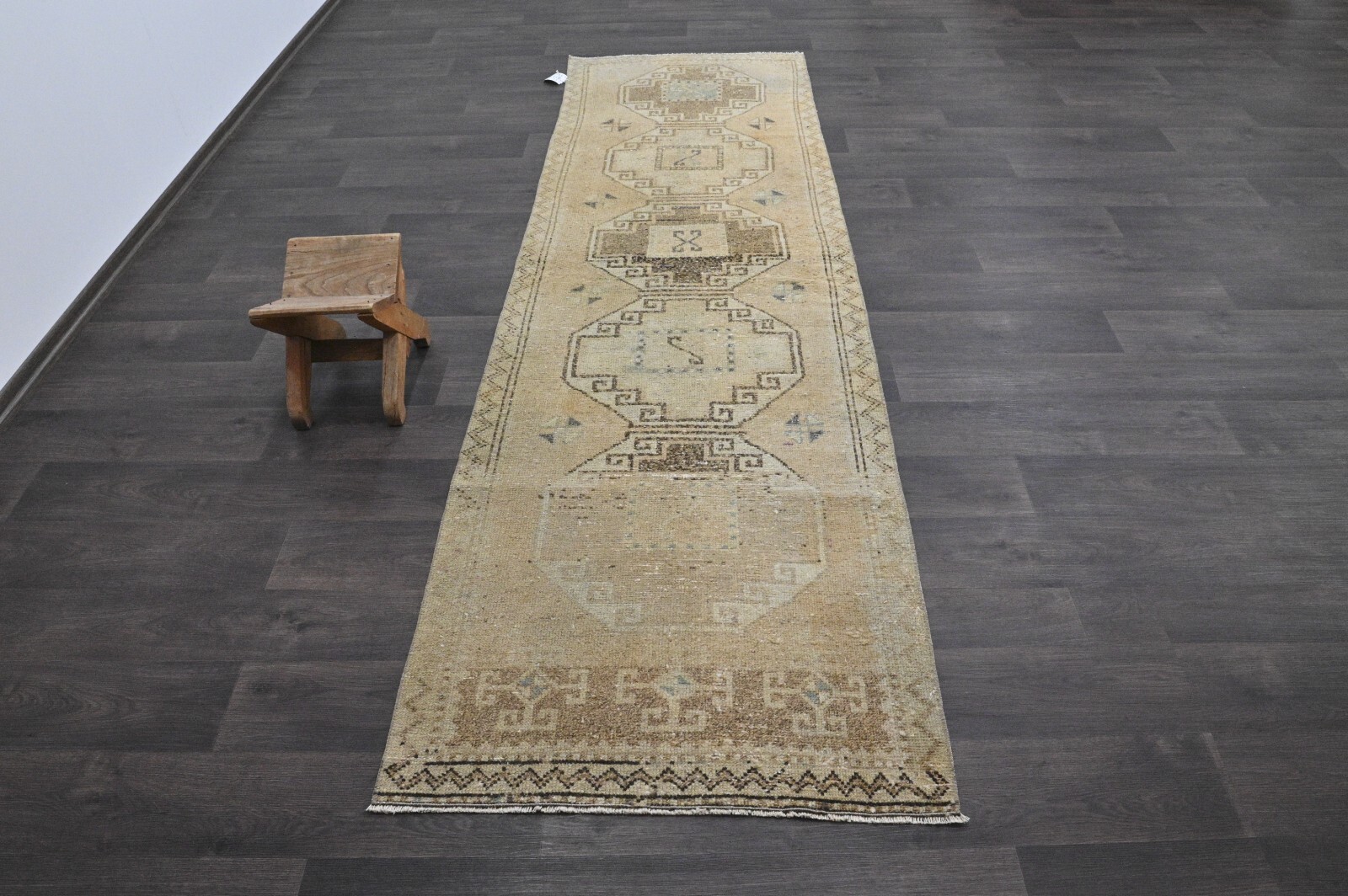Vintage Turkish Runner Rug 3x9ft Wool Anatolian Handmade Hallway Oushak BEIGE gallery