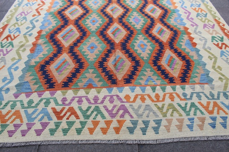 Kilim Vintage Traditional Hand Made Oriental White Wool Large Kilim 343x253cm gallery