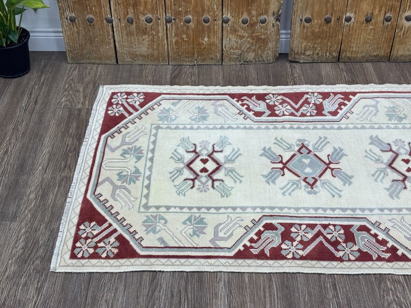 3x5 Vintage Neutral Turkish Rug, Hand-Knotted Antique Wool Rug, White Red Rug gallery