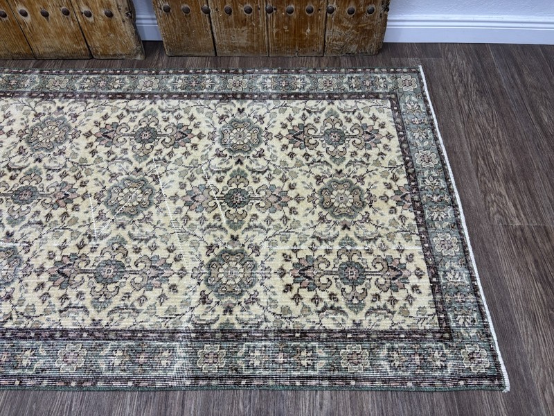 4x7 Turkish Area Rug, Hand Knotted Vintage Rug, Beige Green Brown Oushak Rug gallery