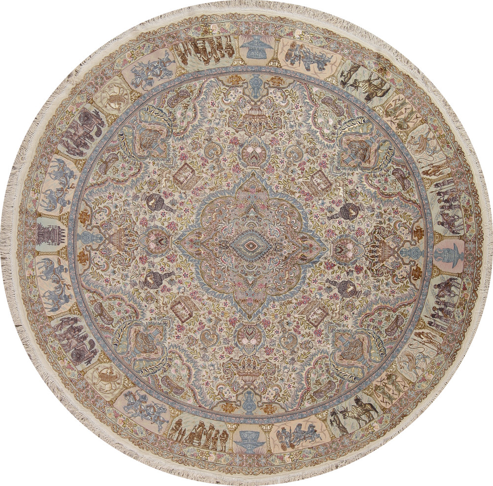 Antique Vegetable Dye Round Rug 8x8 Ft Handmade Wool & Silk Oriental Carpet