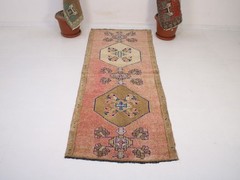 3×7 Pink Brown Runner Rug, Handmade Turkish Rug, Vintage Geometric Mat, 2.8×7.3
