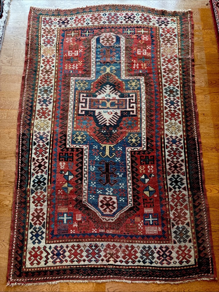 4 X 6 Antique Sewan Shield Kazak Caucasian Antique Rug Late 19th Natural Dyes