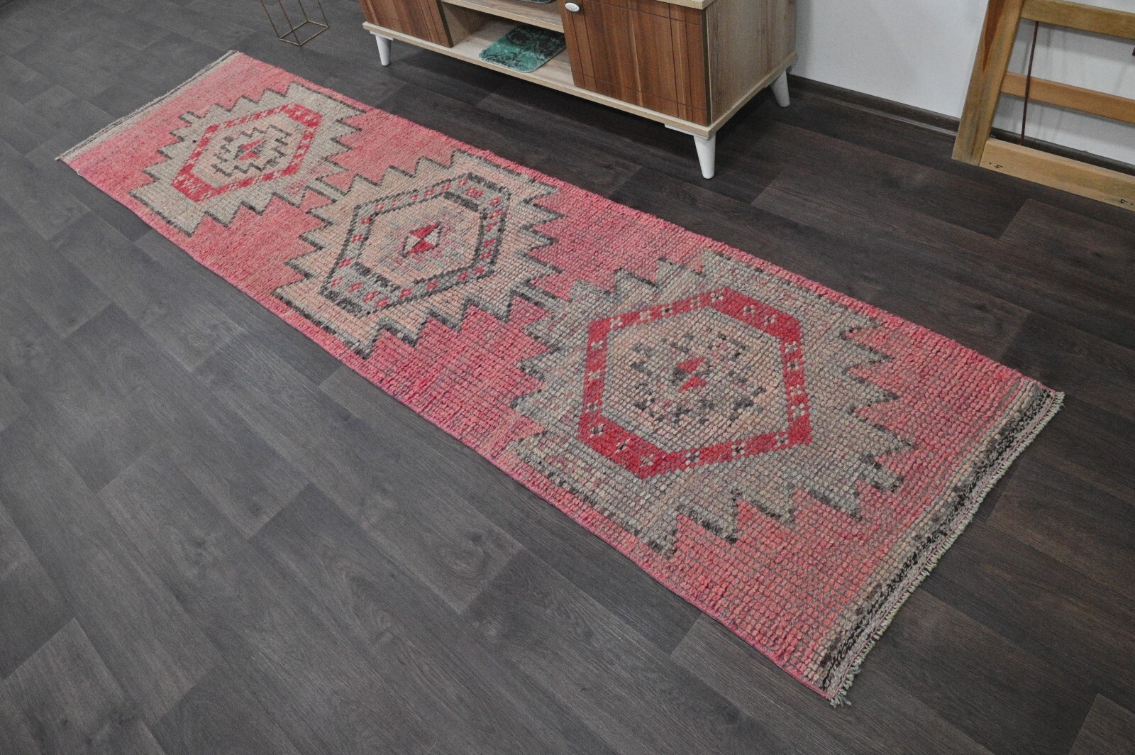 Vintage Turkish Runner Rug 2x10ft PINK Handmade Anatolian Oushak Hallway Wool gallery