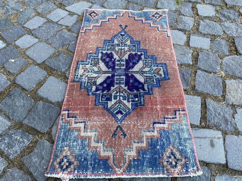 Vintage Oushak Rug, Hand-Knotted Wool, Salmon Blue Muted Boho Accent Rug gallery